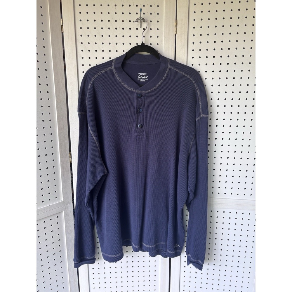 Cabela's Mens XL Reg Waffle Knit Long SLV Henley Tee Shirt Navy Blue 100% Cotton